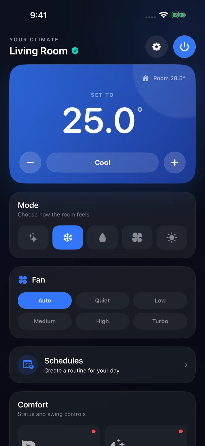 betterBCool demo dashboard with temperature, operating mode and fan controls