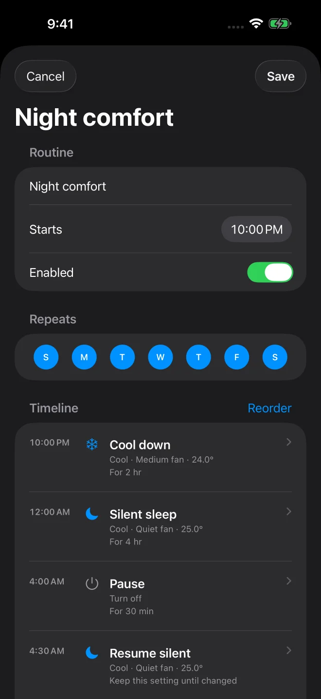 Night comfort routine editor with timed climate steps